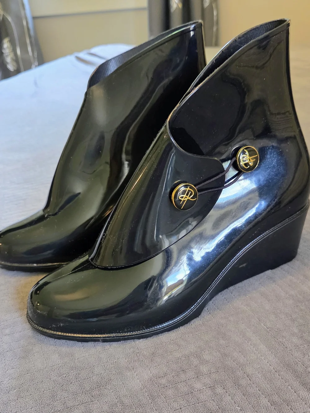 Black Patent Wedge Shoe Covers with Gold-Tone Buttons